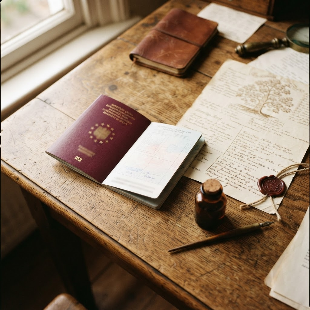 A burgundy EU passport open on an antique wooden desk with handwritten genealogy records, vintage ink bottle, and wax seal