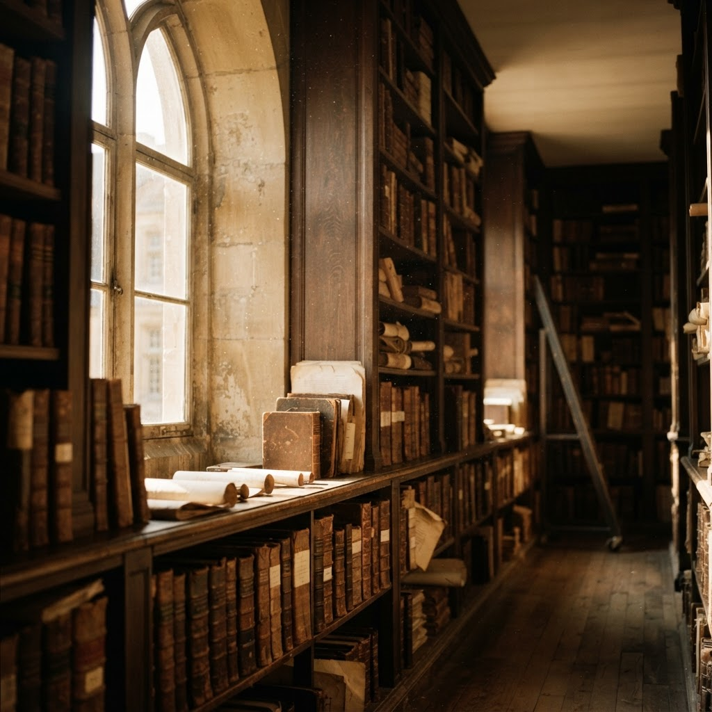 Sunlit European national archive filled with leather-bound ledgers and historical records
